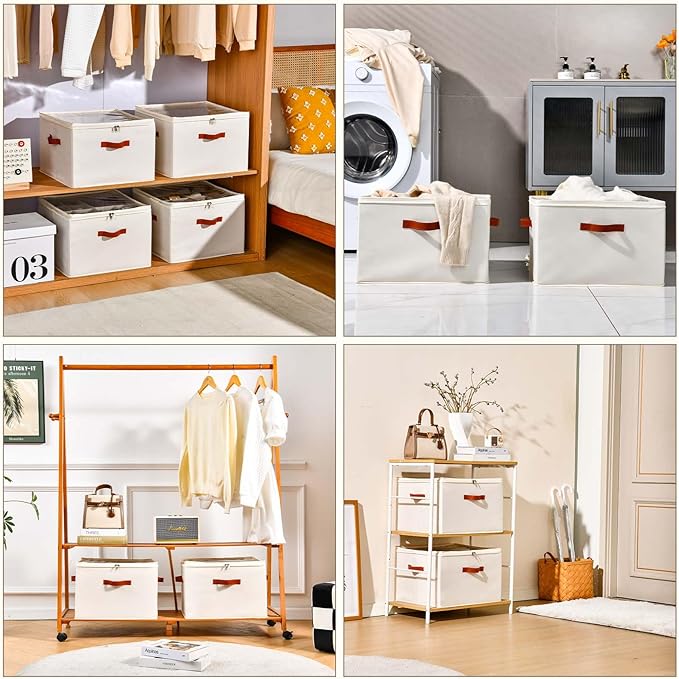 Shoe Storage Box Organizer with Adjustable Dividers, Transparent Cover, Handles on 3 Sides, Beige, 17x17x12.5 Inches
