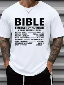 Men's Bible Emergency Numbers Jesus Print T-Shirt - 180g 100% Cotton Faith Shirt with Bible Verse Short Dialing Guide, Casual Round Neck Tee for Church, Casual Attire & Religious Gifts