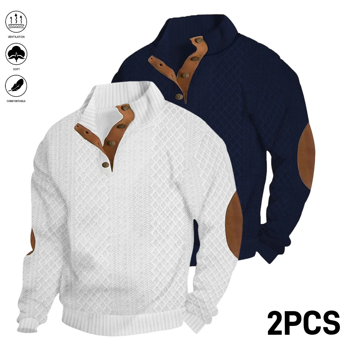2Pcs Men'S Casual Outdoor Sports Long-Sleeved Sweatshirt, Jacquard Button Front Design, Machine Washable Sweatshirt, Stand-Up Collar Printed Henley Sweatshirt, Men'S Sports Sweatshirt for Spring, Autumn And Winter