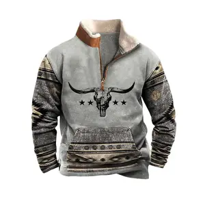 Mens Cowboy Sweatshirt Vintage Print Western Aztec Sweatshirt Casual 1/4 Zip Fleece Pullover Soft Hoodie Tops Underwear Longsleeves Classic Cott