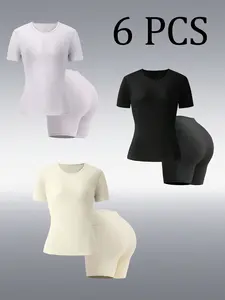 Women's 3-Pack Solid Workout Set - Short Sleeve Top & High Waisted Biker Shorts, 4-Way Stretch Athleisure Activewear Gym Yoga Outfit, Casual Spring Essentials, Conjunto Deportivo Mujer