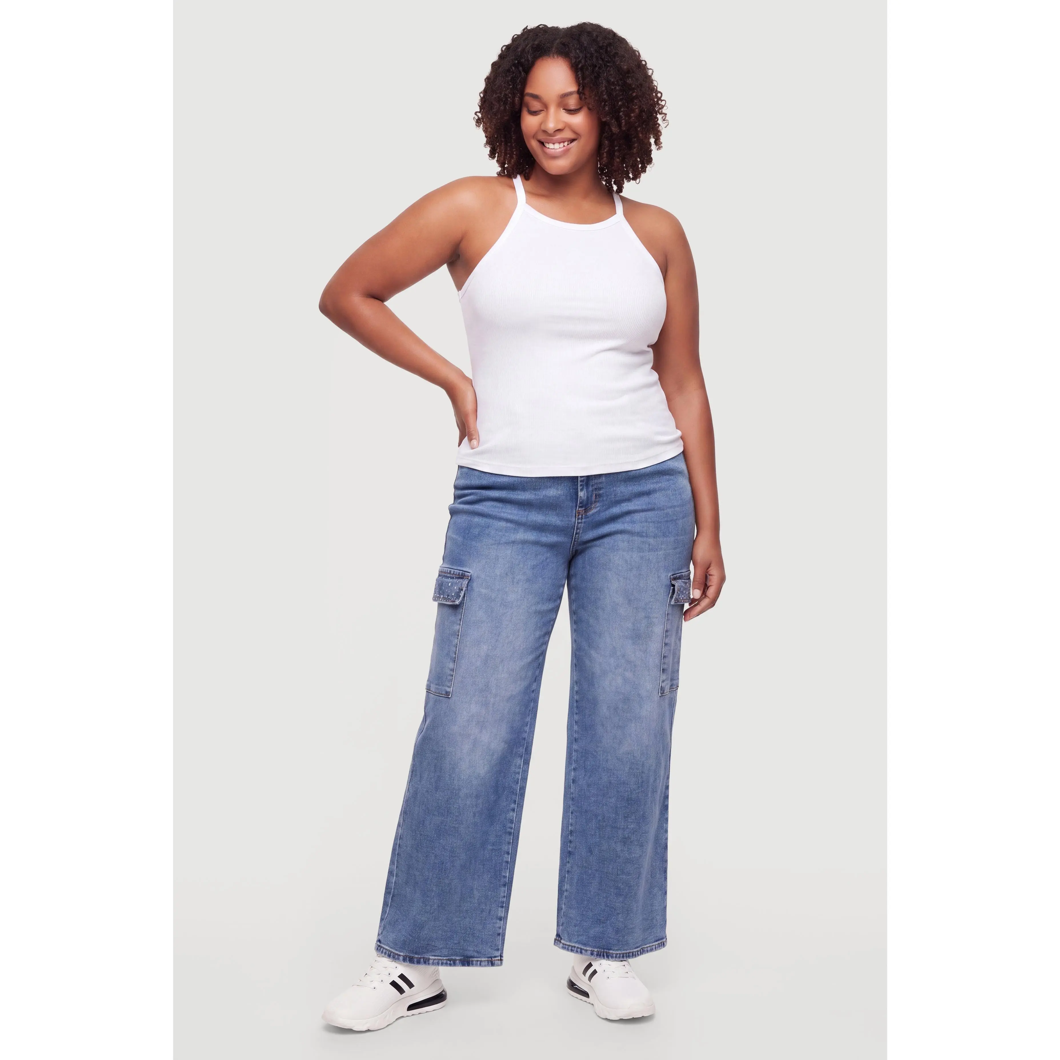 Plus Size Almost Famous Rhinestone Wide Leg  Cargo Jeans