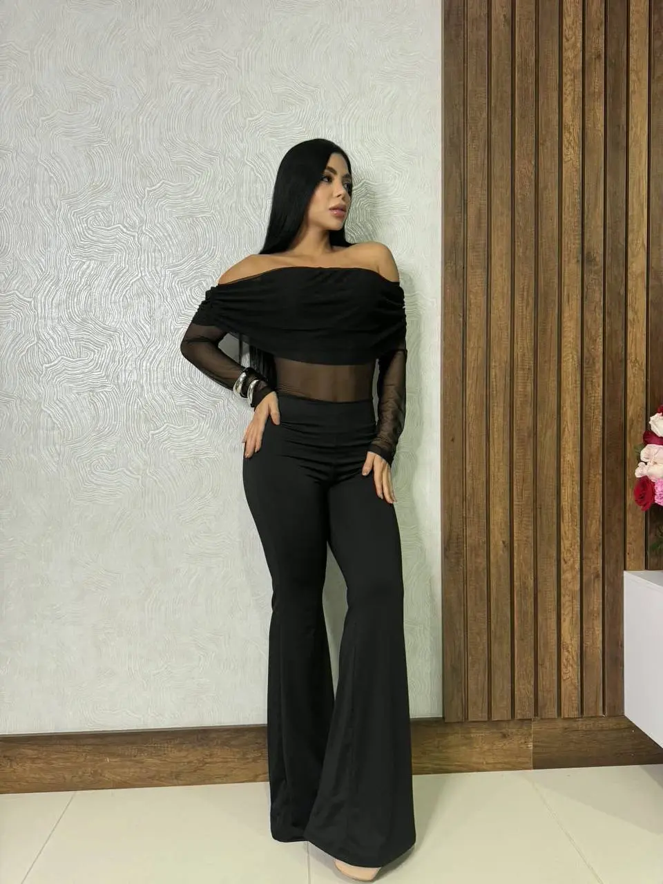 Visionaria Women's Elegant Fitted Off-Shoulder Long-Sleeve Sheer Mesh Jumpsuit - Flared Wide-Leg, Below Ankle, Split Detail, Evening Outfit, Stretch Mesh