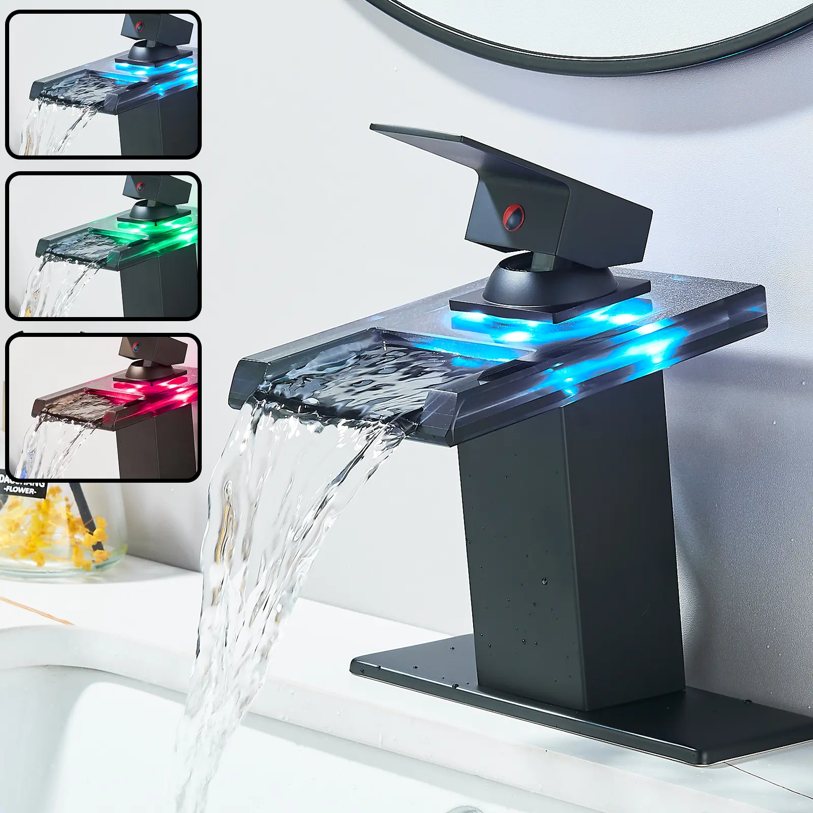LED Bathroom Faucet Matte Black Modern Waterfall Bathroom Sink Vanity Faucet with Single Handle Suitable for 1 or 3 Holes,Supply Deck Plate and Hose