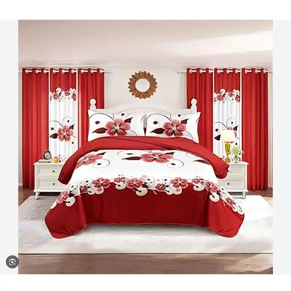 9 pcs Quilt Set with Floral Design in Red and White for Bedroom Decor