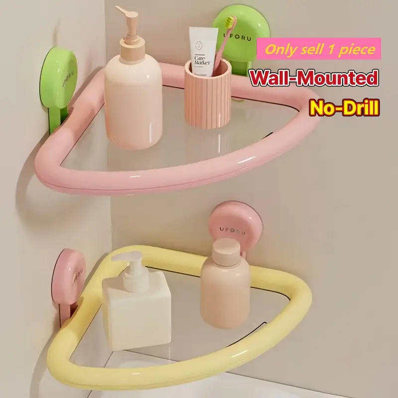 Dopamine Triangle Shelf, Wall-Mounted No Drilling, Drainable Suction Storage Rack, Kitchen & Bathroom Organizer, Macaron Color, Home Decor