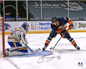 Mathew Barzal New York Islanders Autographed 16" x 20" Goal Between Legs Photograph - Fanatics Authentic Certified