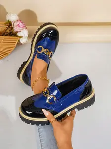 2026 Spring Fall New British Style Loafers, Blue Patchwork Floral Metal Buckle Thick Sole Platform Shoes, Casual PU Leather Rubber Sole