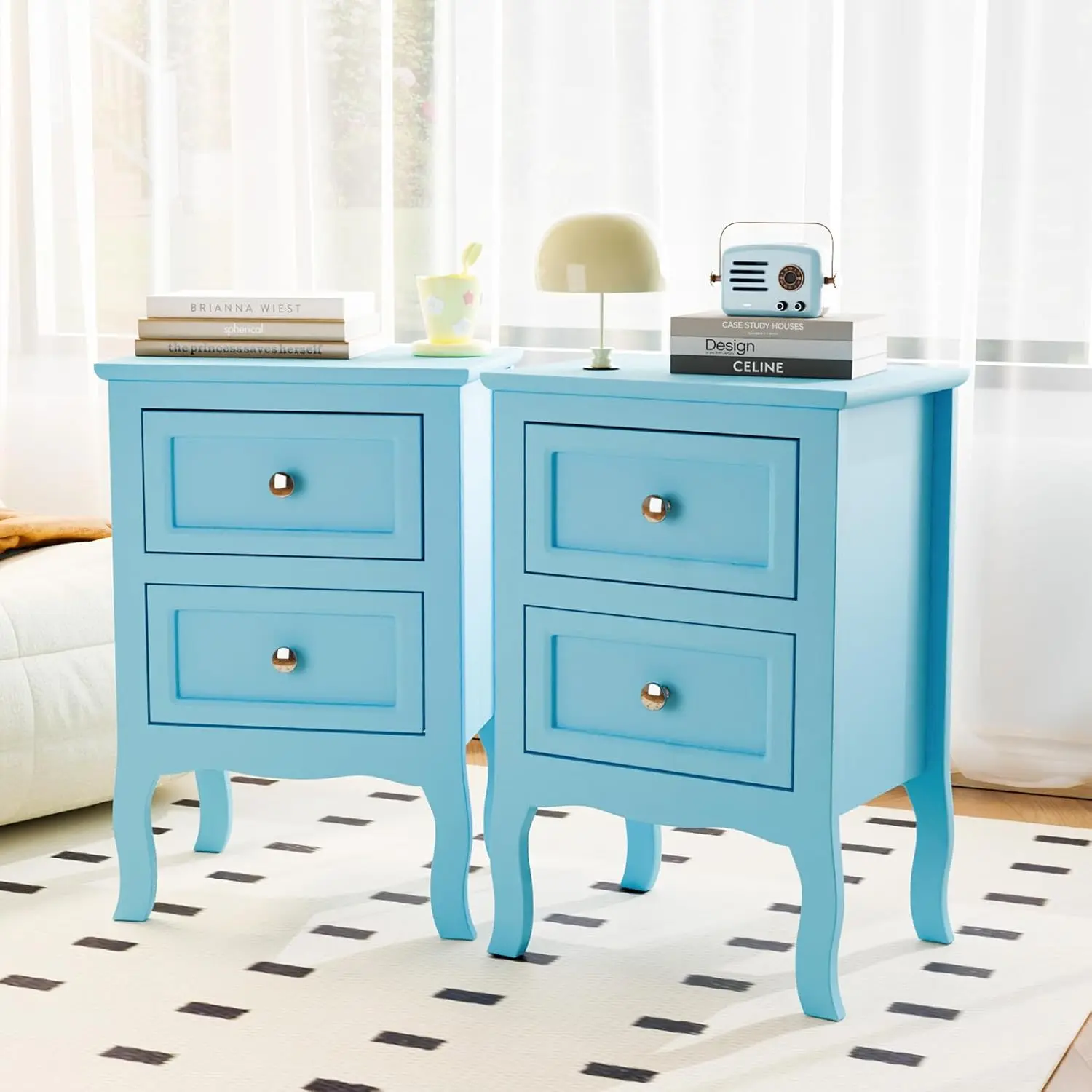 Bonnlo Nightstand Set of 1/2, Nightstands with 2 Drawers, Blue Nightstand, Bed Side Table/Night Stand, Small Nightstand for Bedroom, Small Spaces, College Dorm, Kids’ Room,Living Room, Wood,16W*12D*24H
