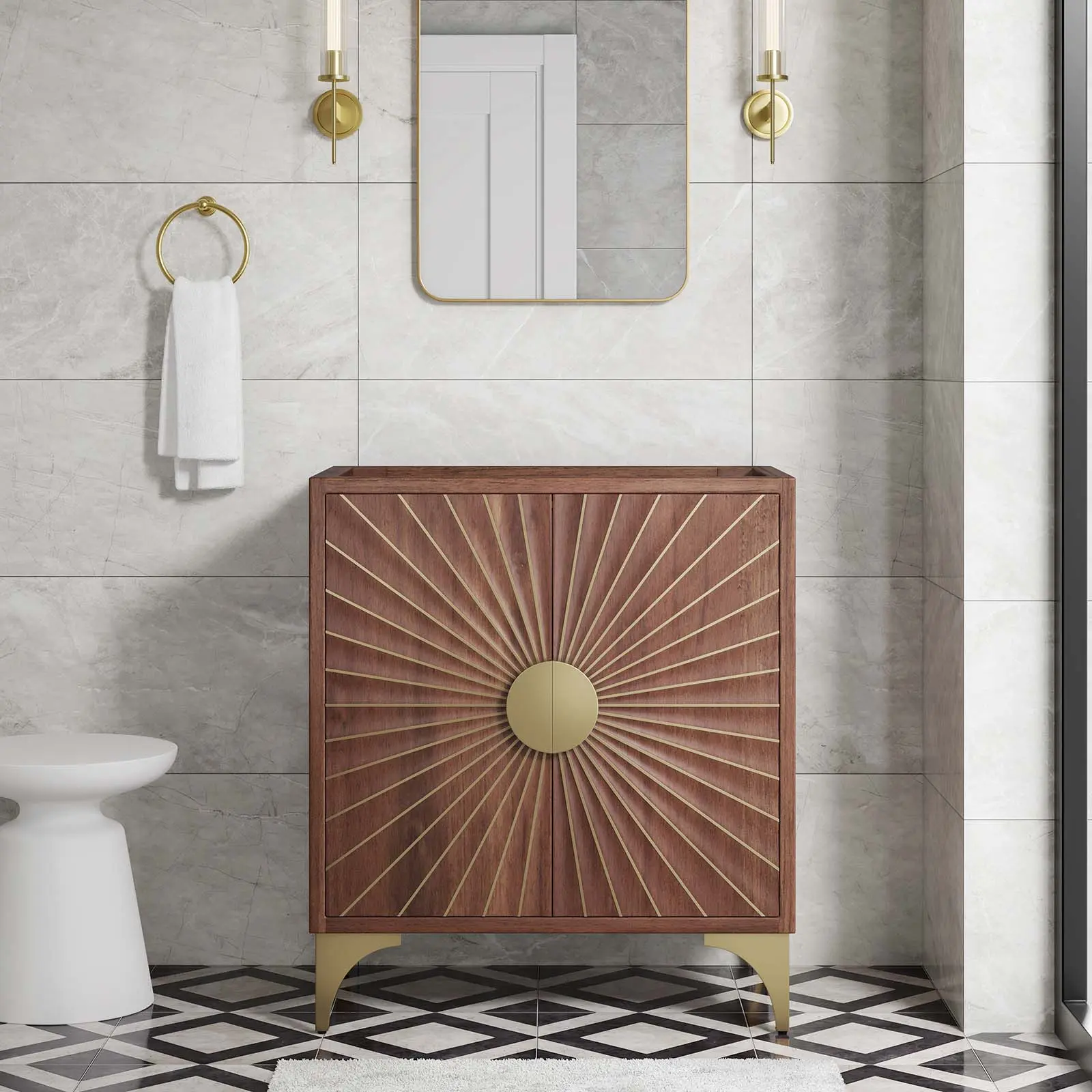 Modway Daylight 30-in Modern Wood & Metal Freestanding Bathroom Vanity Cabinet - Home Improvement Fixture with Pull-Out Drawer, Sun Ray Design, Brass Base, Non-Marking Foot Caps, Storage Sideboard, Assembly Required, Freestanding Cupboard
