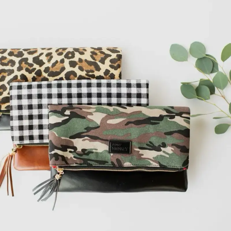 Everyday Statement Clutch - Leopard Gingham Camo & Black Leather Design with Tassel Detail