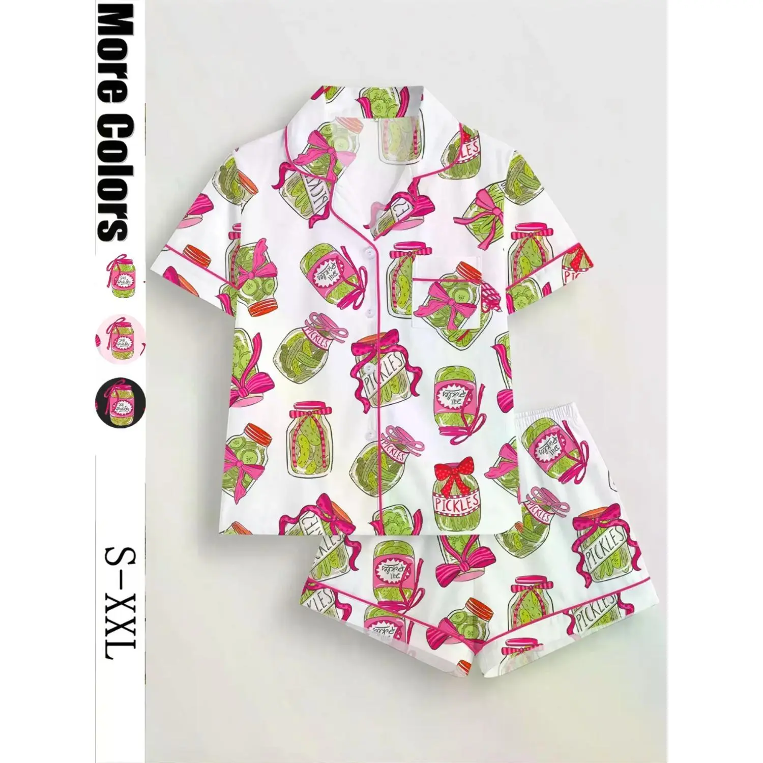 Women's Cucumber Print Sleepwear Set, Short Sleeve Shirt & Loose Shorts, Casual Loungewear for Daily & Holiday Events