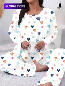 Plus Size Two-Piece Heart Print Knit Pajama Set, Casual Fitted Long Sleeve Round Neck Tee & Pants, Women's Plus Sleepwear, Loungewear & Homewear for Spring & Fall, Pyjamas