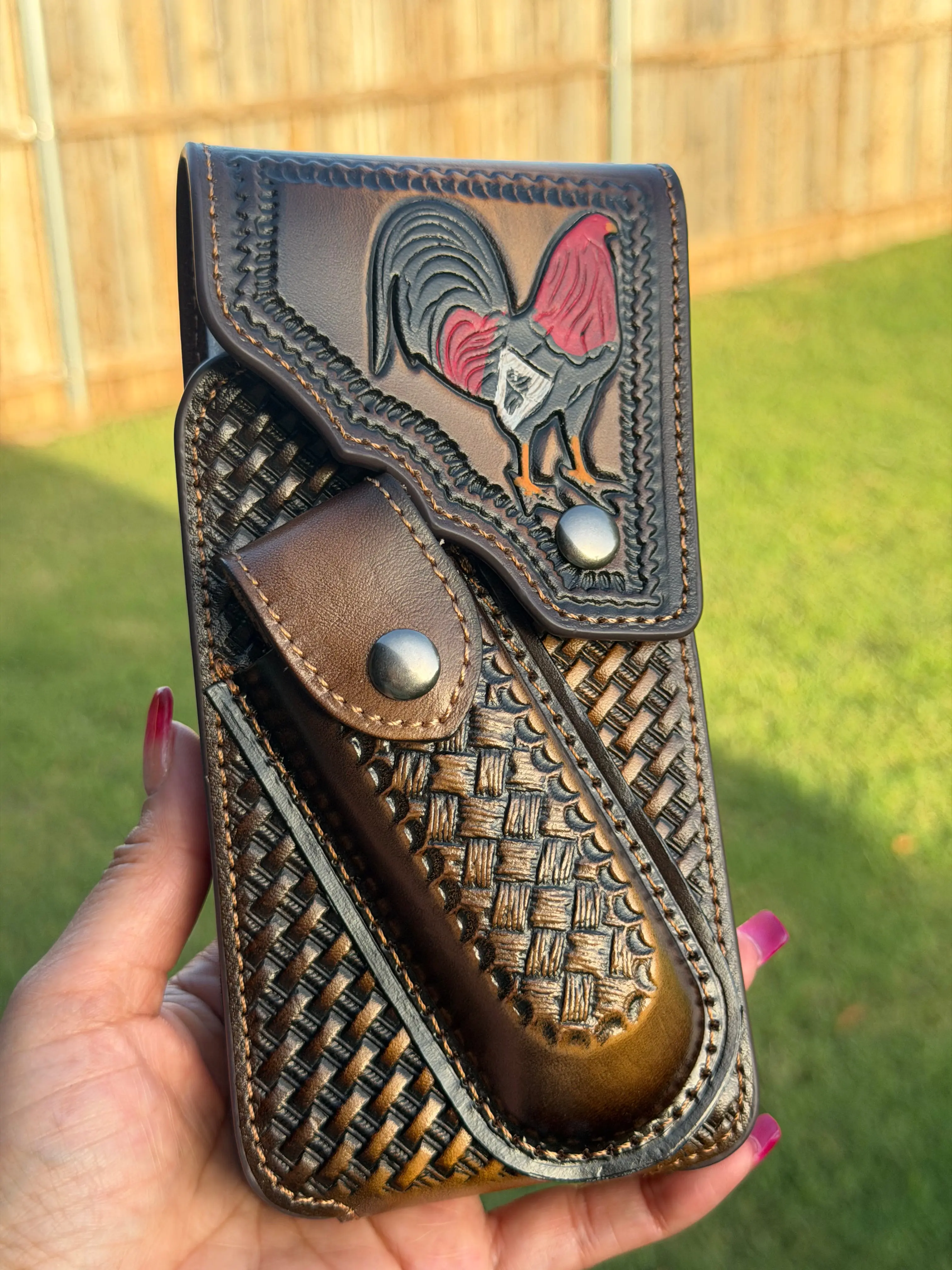 Leather Cell Phone Holster with Knife Sheath – Western Rooster Tooled Belt Pouch for Men