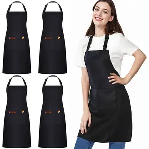 4 Packs Black  Apron, Adjustable Apron with 2 Pocket for Men Women, Professional Waiter Chef Work Apron