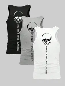 Stoic Skull Graphic Gym Tank Top for Men, Hardcore Strength Through Suffering Back Print Muscle Shirt, Breathable Slim Fit Sleeveless Tee for Bodybuilding & Weightlifting Workout, Sports Vest