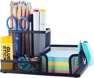 Pen Holder Desk Organizers Pencil Holder for Desk Black, 3 Compartments Metal Office Supply Organizer with Sticky Notes Holder for School Home Office
