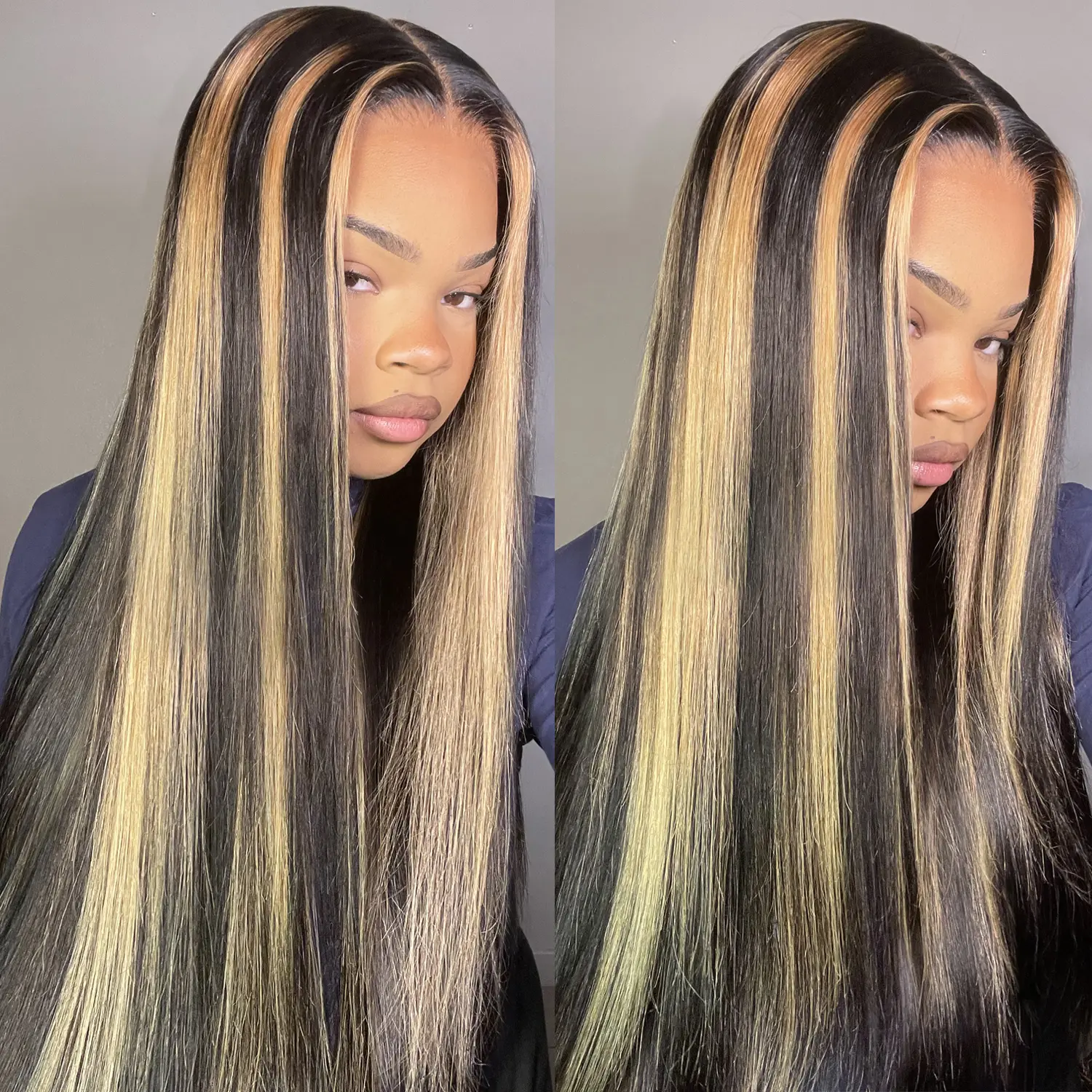 QUANDIAN Female Virgin Human Hair Lace Front Wig, 13x6 Balayage Highlight, 220% Density Double Drawn Straight, Pre-Bleached Tiny Knots, Pre-Plucked Line, FB/27 Ombre, Spring-Tok, Long Wig, Hd Lacefrontal Wigs