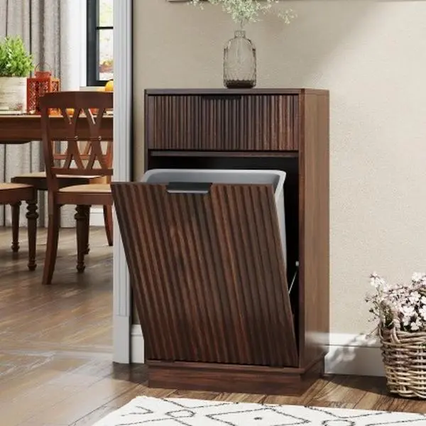 SZLIZCCC Durable Tilt-Out Trash Can Cabinet - 10 Gal Fluted Wooden Hidden Garbage Bin with Drawer, Garbage Can Organizer, Freestanding Trash Cans for Kitchen, Walnut Finish (Easy Installation)