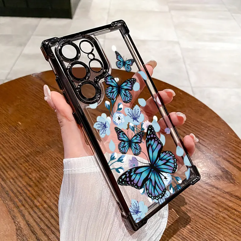 Blue Butterfly Protective Phone Case with Enhanced Corner Protection, Small Christmas Gift Compatible with Samsung Galaxy S24/S23/S22/A55/A54/Note 20/Note 10 Series, Transparent, Shock Absorbing, Anti-Slip, Lightweight