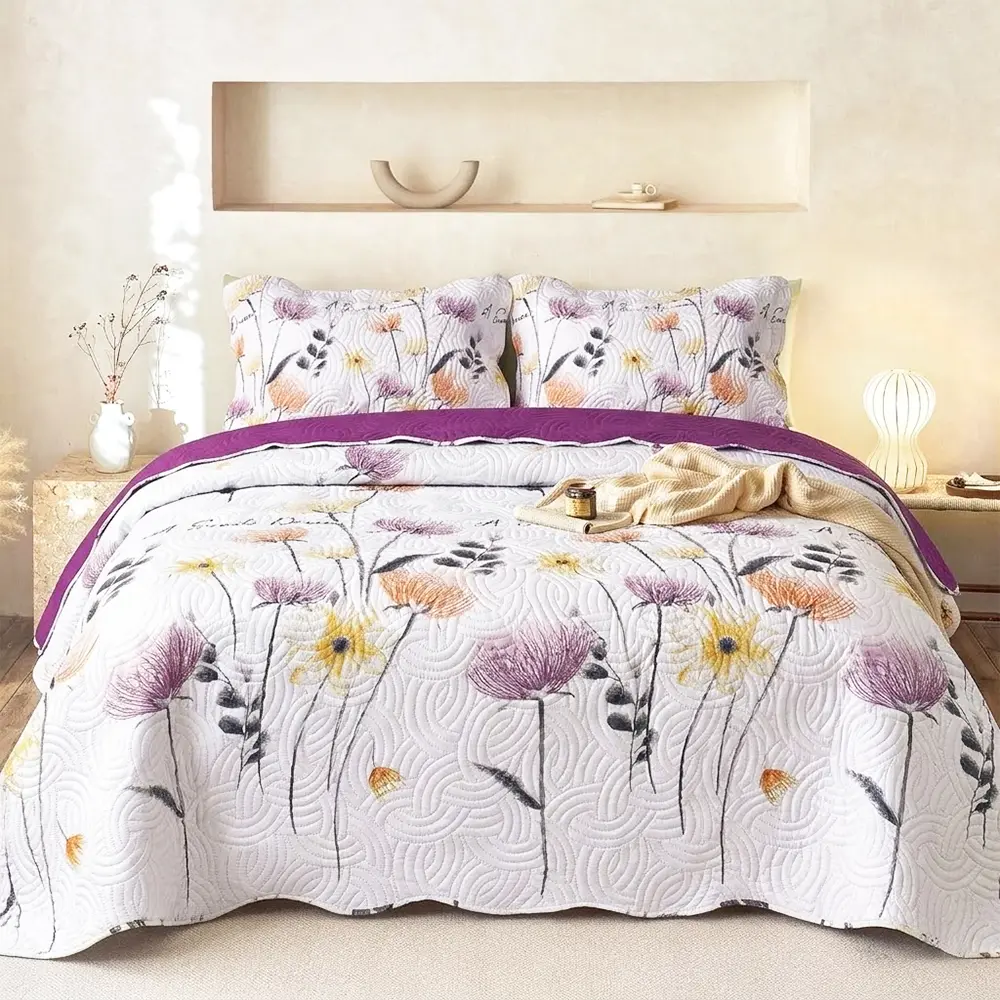 3 pcs Reversible Watercolor Floral Quilted Bedspread Set, Soft Lightweight Bedding Set Coverlet with Pillow Shams for Queen King Cal King Beds, Decorative Bedroom Bedding Holiday Gift For Family & Friend Local Warehouse