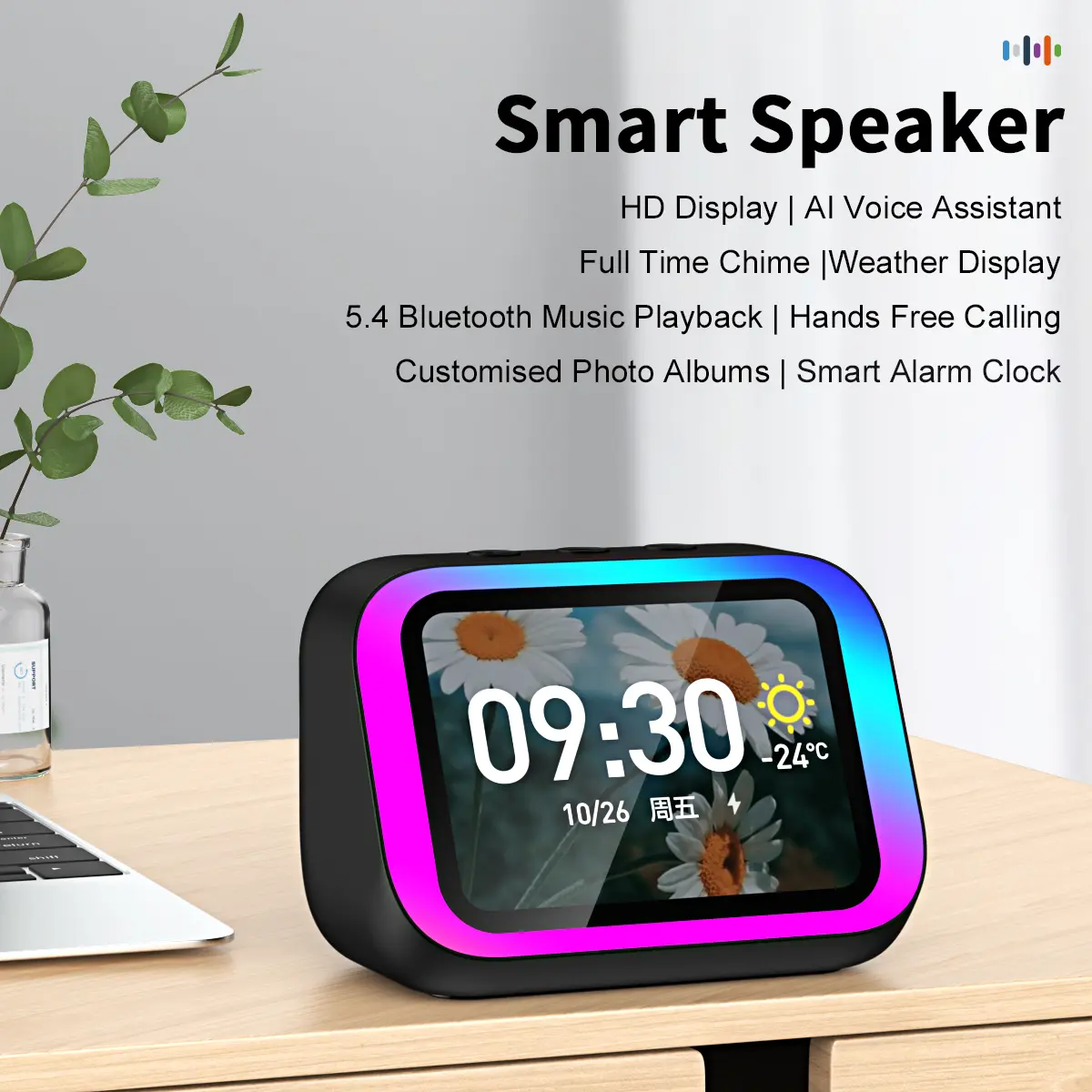 Smart Speaker, Digital Alarm Clock with 4" AMOLED Smart Touchscreen - AI Speaker & Smart Clock with RGB Nightlight, Calculator, Weather Forecast, 2x Bass, AI Voice Assistant - 2500 mAh Rechargeable Battery, Perfect Gift for Family and Friend