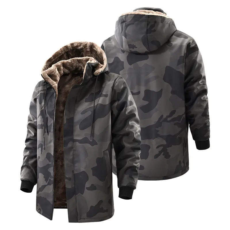 Men's Thermal Fuzzy Lined Camo Hooded Outer Jacket, Windproof Loose Camouflage Mid Length Coat, Warm Thick Casual Outerwear For Fall & Winter Outdoor Wear