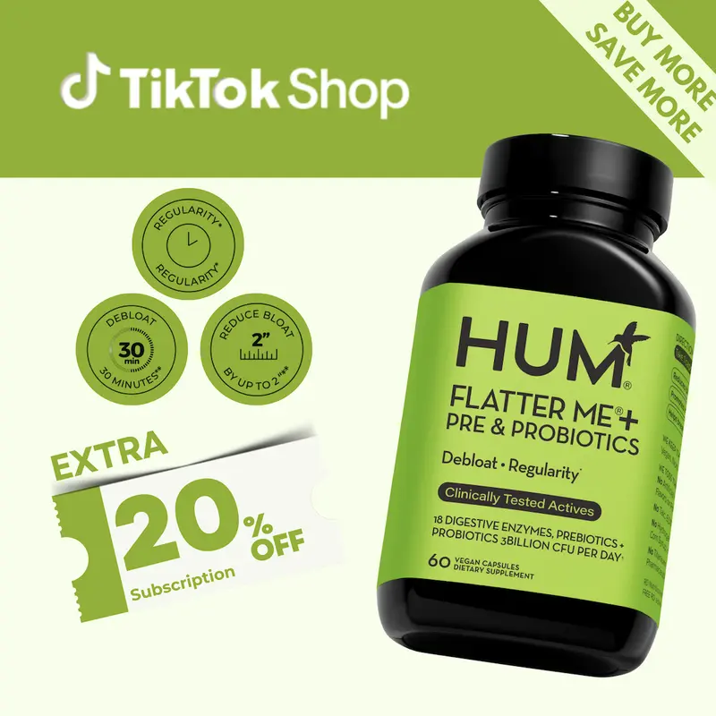 HUM Flatter Me+ Pre & Probiotics - Fast Acting Bloat Relief Supplement for Digestive Health & Debloating - Vegan 60 Servings - Clinically Tested Active Ingredients - Healthcare - Dietary Fitness Edible