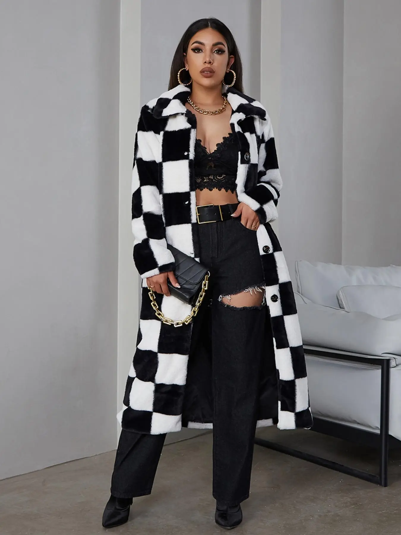 Women's Plaid Print Button Front Faux Fur Coat, Chic Casual Long Sleeve Pocket Collar Autumn Outerwear For Fall & Winter, Women's Clothing For Daily Wear