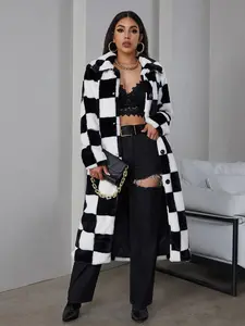 Women's Plaid Print Button Front Faux Fur Coat Jackets, Casual Long Sleeve Pocket Collar Outerwear For Fall & Winter, Women's Clothing For Daily Wear