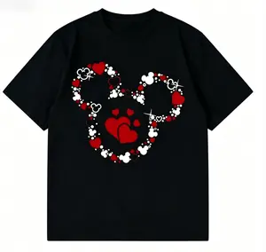 Women's Black Cotton Graphic Print Crewneck Short-Sleeve Sports T-Shirt, Heart & Mickey Mouse Inspired Design, Fitted for Stylish Everyday Comfort, Perfect Gift Idea
