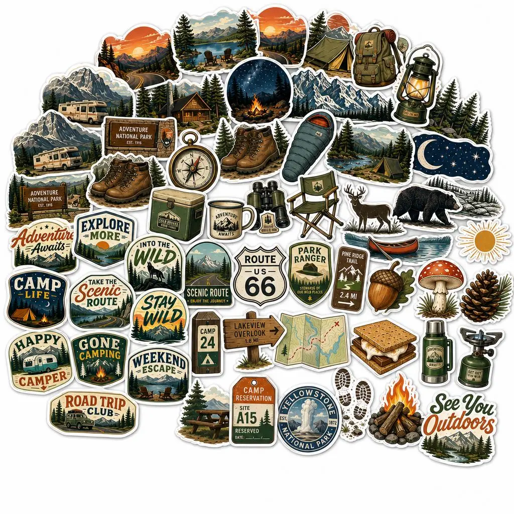 60pcs National Park Outdoor Stickers Pack, Unisex Vintage Retro Travel Poster Waterproof Vinyl Decals by Small Biz