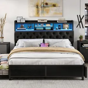 Black Summergarden Queen Size Metal Platform Storage Bed Frame with Upholstered Headboard, Upholstered Footboard, Charging Station, LED Lights, Underbed Storage, Easy Assembly, Noise-Free Design, Platform Storage Bedframe Stable Bedroom Furniture