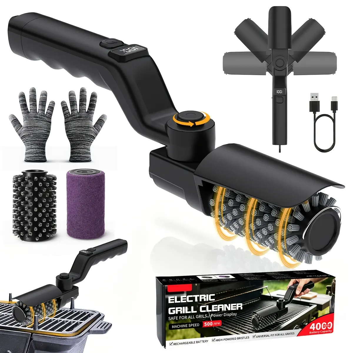 Electric Grill Cleaning Brush - 4-Speed Automatic BBQ Cleaner, 180° Adjustable Rotary Stainless Steel Brush Head, 90-Min Runtime, Reinforced Steel Bristles, Ideal for Outdoor Camping Grilling