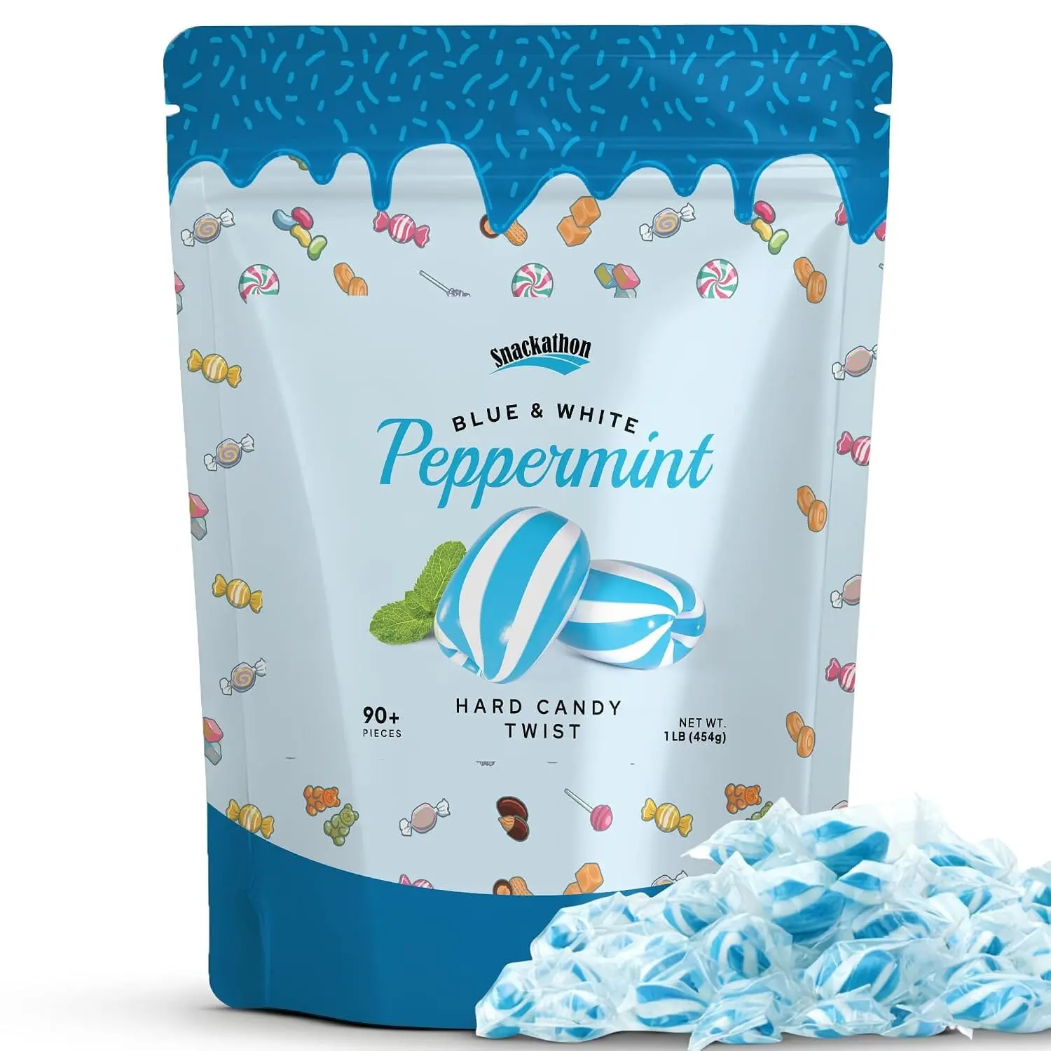 Snackathon Cylinder-Shaped Peppermint Twists Hard Candy, Bulk Individually Wrapped, Blue & White, 1 lb