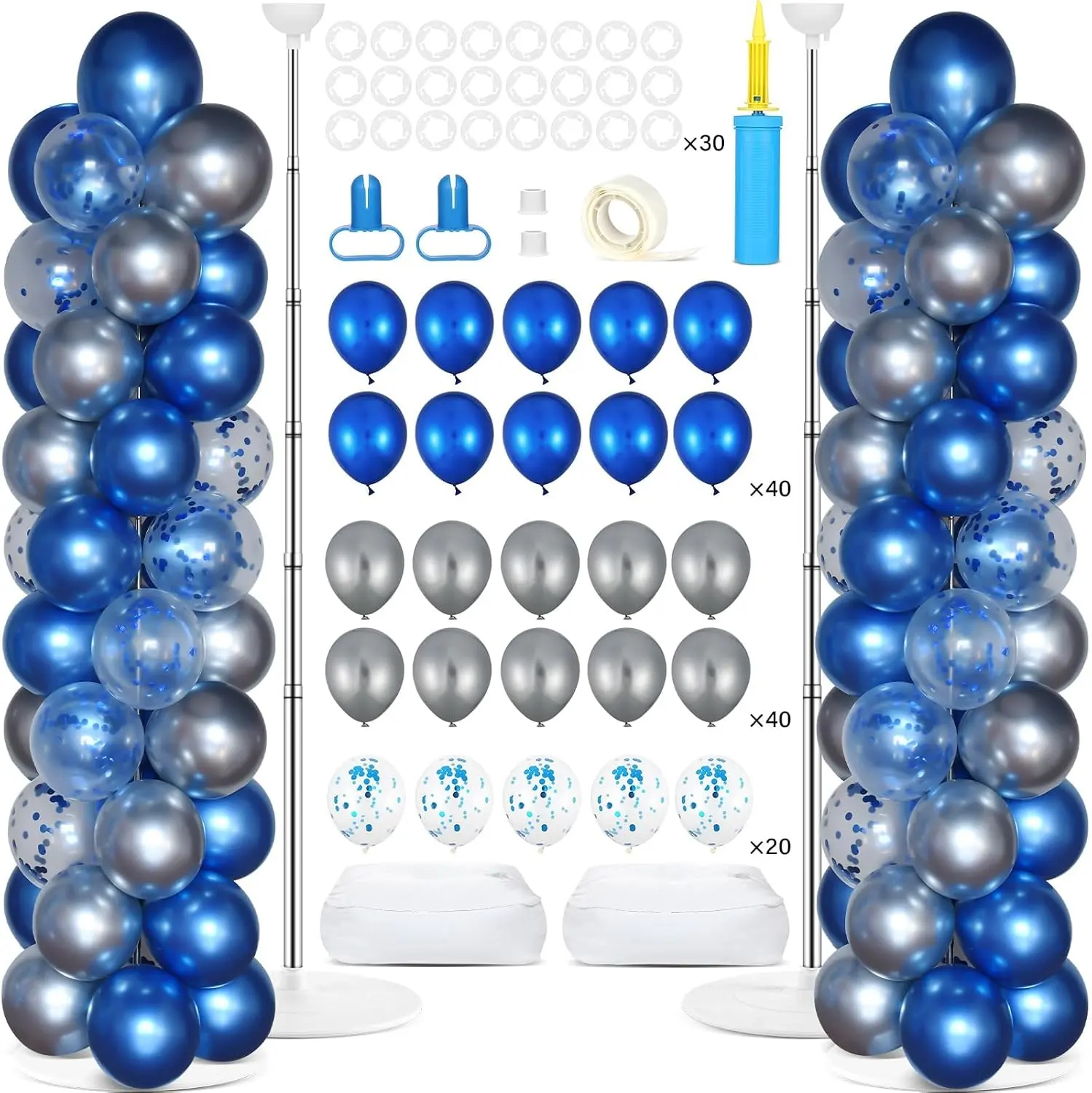 2 Sets Navy Blue and Silver Balloon Column Stand Kit with 100 Balloons Adjustable Balloon Tower Stand with Bases for Floor Confetti Balloon Column Kit for Graduation Birthday Appreciation Party Decor