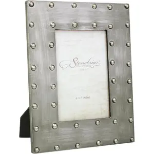 Industrial Distressed Metal Photo Frame with Rivet Detail, Decorative Picture Frame for Table Top or Wall Hanging Display, 4x6,Silver