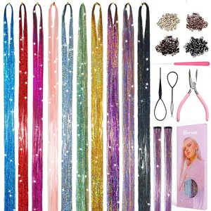 Hersun Hair Tinsel 3200 Strands 48in with Tools Fairy Tinsel Hair Extensions Kit Heat Heat Resistant Fairy Hair For Party For Girls & Women