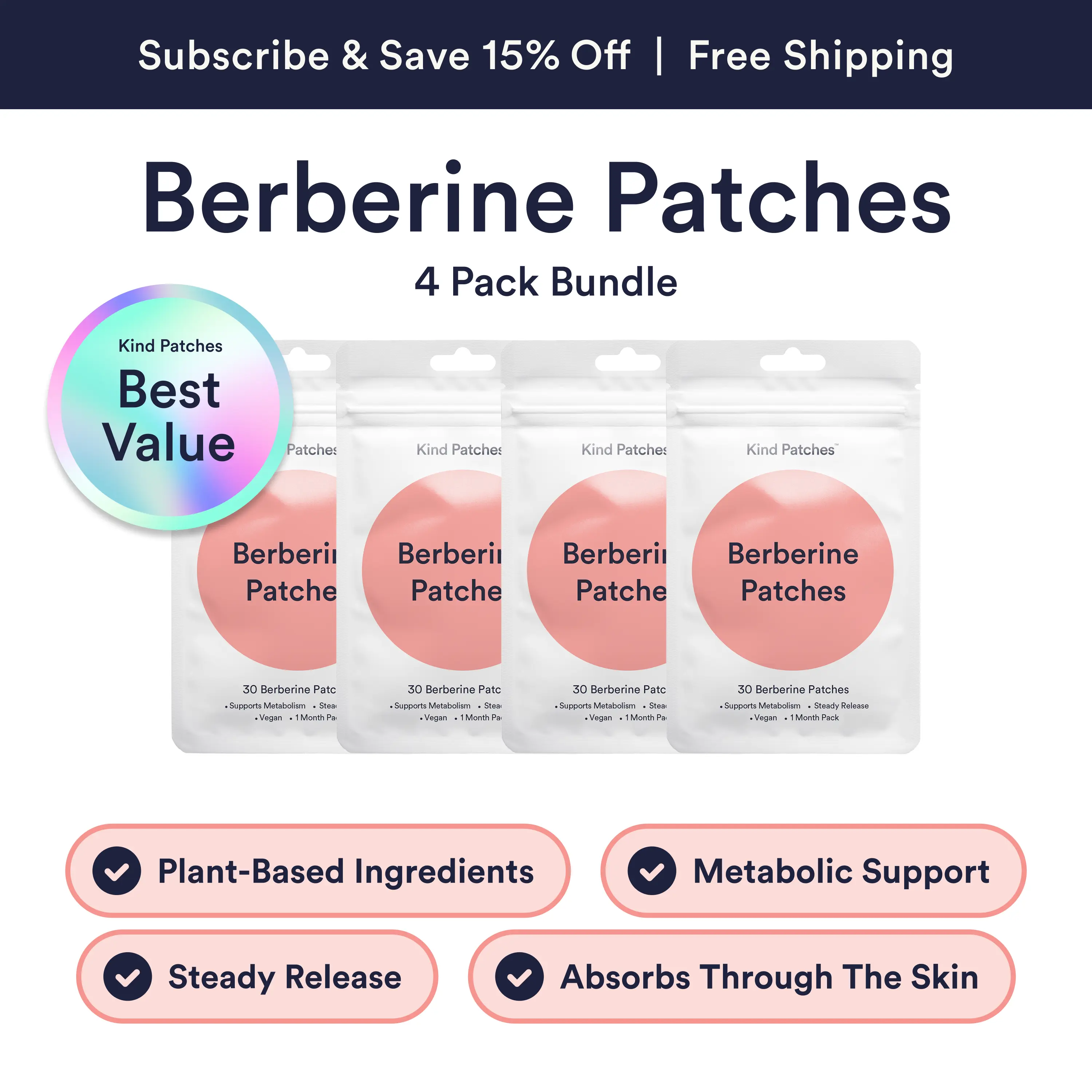 Kind Patches The Sculpt Pack: 4 packs of Berberine Patches, Support Metabolism, Steady Release, Vegan, 4 Months Supply