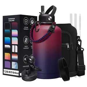 32oz 40oz 64OZ 128oz Vacuum Insulated Water Bottle - Keep Hot Cold Vacuum Flasks with Straw & Spout Lids, Paracord Handle, Water Bottler Carrier Holder & Protective Cup Mat, 1.8L Stainless Steel Water Jug