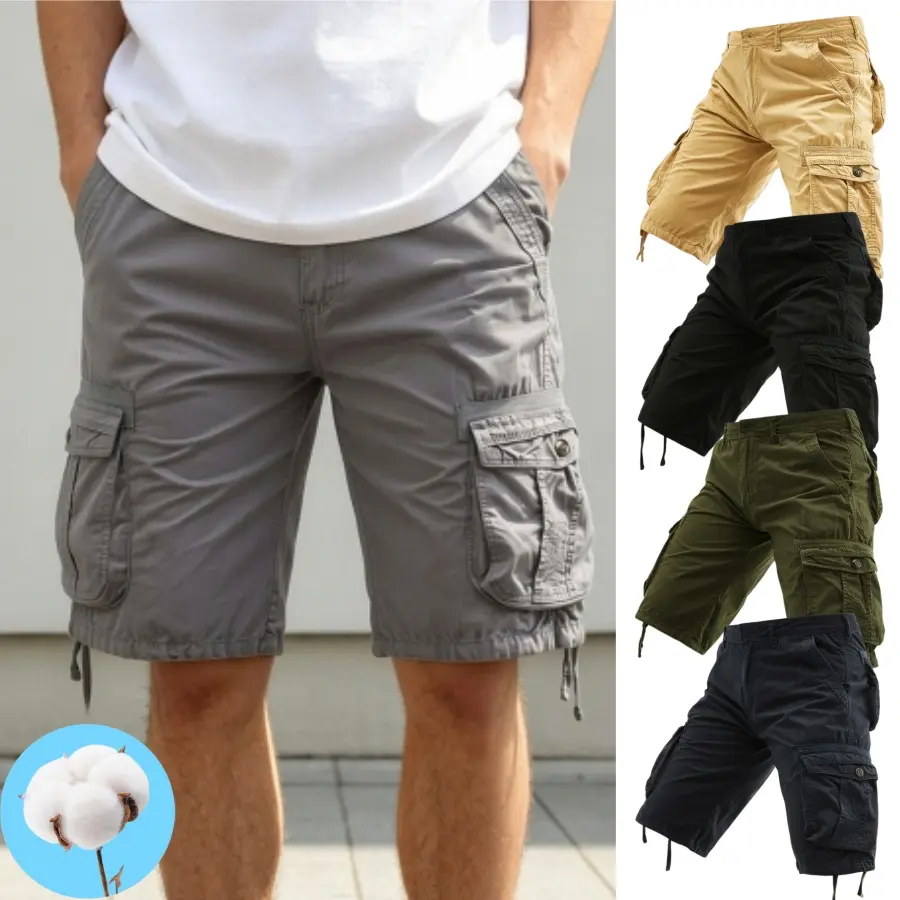 Men's 100% Cotton Solid Color Cargo Casual Shorts - Knee-Length, Multi-Pocket, Adjustable Drawstring Hem, Breathable Menswear - for Outdoor Working, Daily Wear, Streetwear Ready, 5 Classic Neutral Colors, Casual Outdoor Men's Shorts