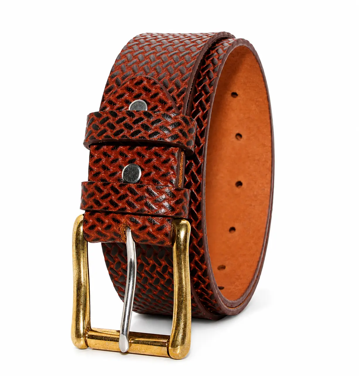 Men's 1.5" Full Grain Buffalo Leather Belt, Handmade Amish Basket Weave Heavy Duty Belt with Golden Roller Pin Buckle, Long-Lasting Durable Design