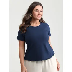 BLOOMCHIC Women's Plus Size Cotton-Spandex Smooth Fabric Short-Sleeve Fitted Round Neck Lady Tshirt Casual Streetwear Top M-6X 2026 Summer Mother's Day Garment Pick Blue Womenswear 2026 Summer Vibes Swimweek