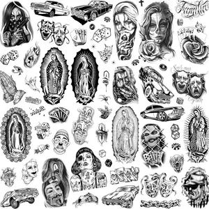 Rechal 6 Sheets Chicano Temporary Tattoos For Women Men Adults Halloween Face Makeup Kit, Black Guadalupe Tattoo Stickers, Gangster Payasa Gansta Fake Tatoos Prison Familia Joker, Tatuajes Temporales