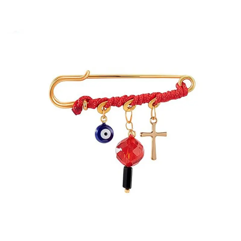September Laurel Red String Evil Eye Lantern Protection Brooch with Cross Charm, Gold Safety Pin Amulet for Baby Stroller, Diaper Bag, Newborn Blanket, Mom Bag, Pregnancy and Baby Shower Gift