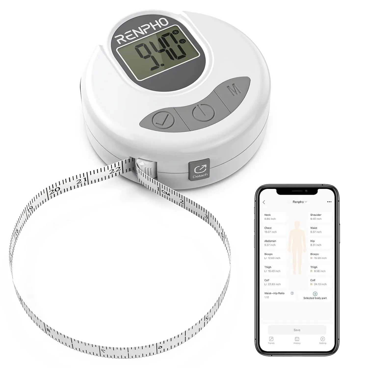 RENPHO Body Measuring Tape, Bluetooth Smart Tape Measure with Lock Hook & Retractable Function, High-precision measurement of body dimensions to accurately capture subtle changes in the body, Single person measurement, 60in /150cm