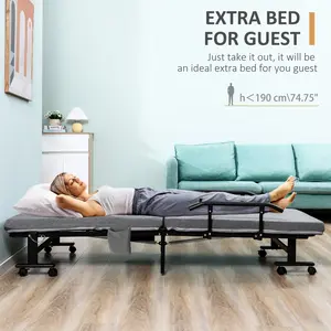 Rollaway Bed, Folding Bed with 3.25" Mattress, Portable Foldable Guest Bed with Adjustable Backrest, and Metal Frame on Wheels, Dark Grey