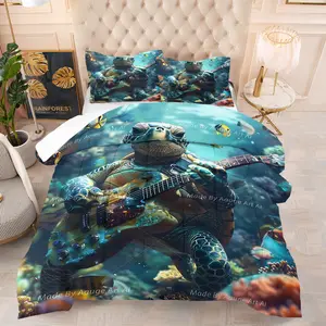 2/3 Piece Set Of Underwater World Themed Printed Comforter Set, Rock and Guitar Turtle, Small Fish, Coral Patterned Bedding Set, High-End and Fashionable Decoration for Teenagers' Rooms, Including 1 Quilt and 1/2 Pillowcase