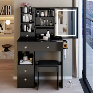29.2" Small Left Drawer Vanity Table Set with Cushioned Stool, 2AC+2USB Power Station & Hair Dryer Bracket, Extra Large Touch Control Sliding LED Mirror, Tri-Color Switching Makeup Desk