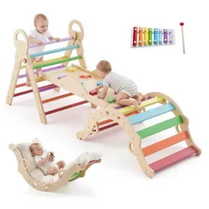 Fathersdaygift VEVOR Wooden 9-in-1 Pikler Triangle Set, Foldable Montessori Toddler Climbing Toys Indoor, with Xylophone, Cushion, Arch, Ramp, 150 lbs Load, Rainbow Climbing Set for Toddlers